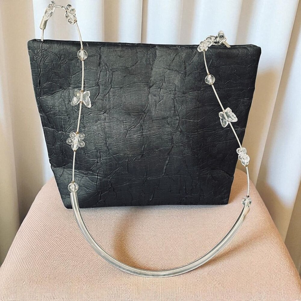 CEM Black‎ Crinkle Satin Evening Bag Butterfly Beaded Strap Y2K Shoulder Purse